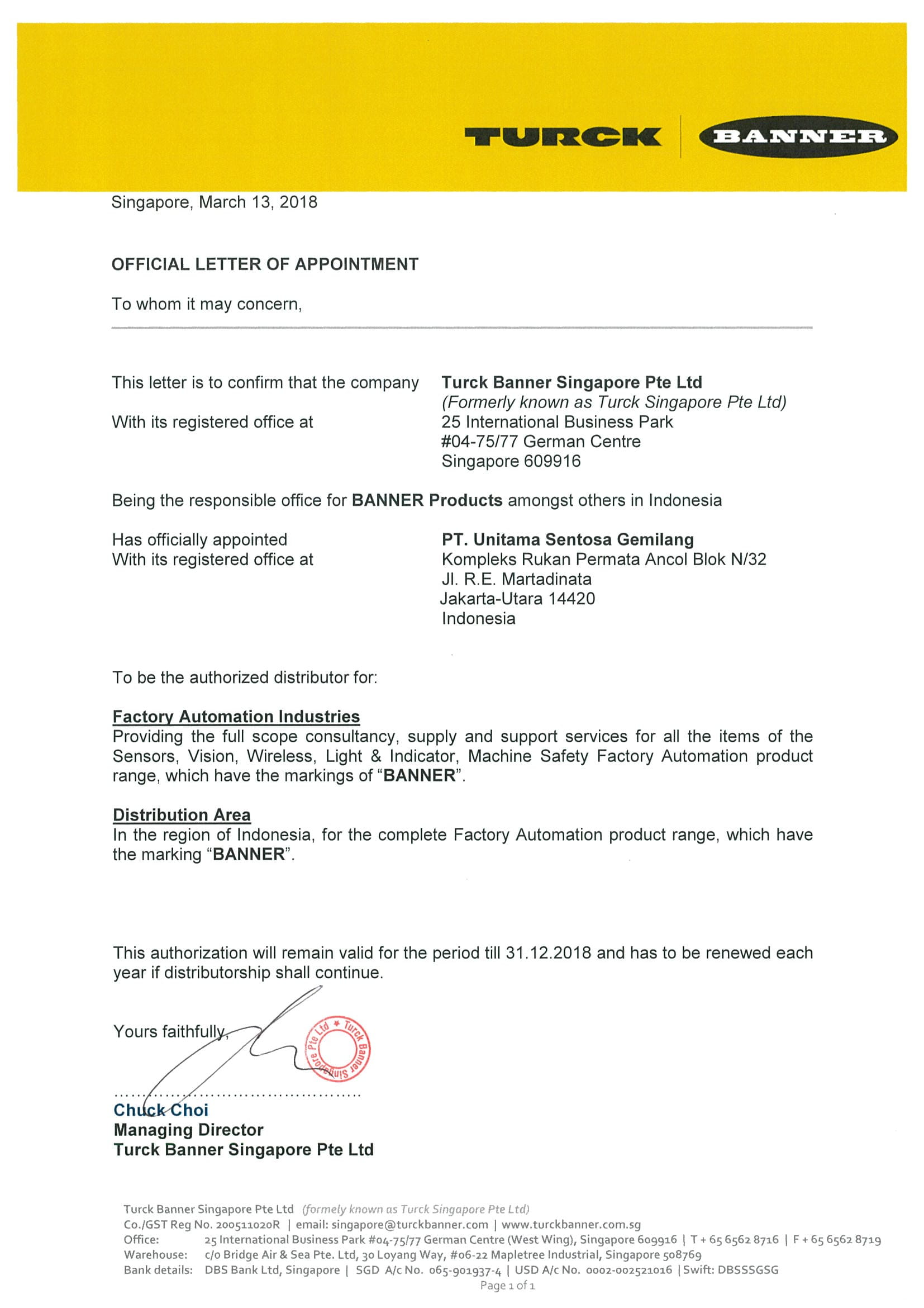 Banner Engineering Distributor Certificate