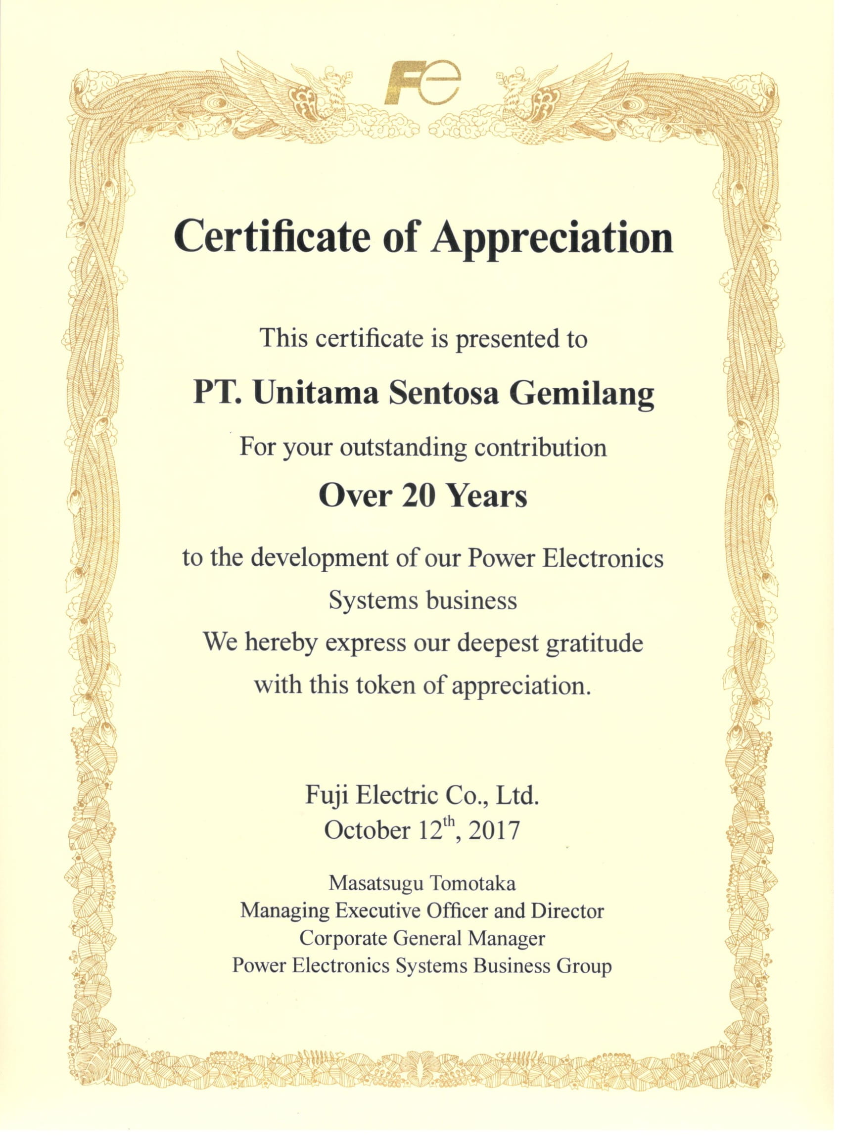 Fuji Certificate of Appreciation